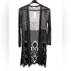 Lace Open Cardigan Fringes Intricate Detailed Design Black Size Large